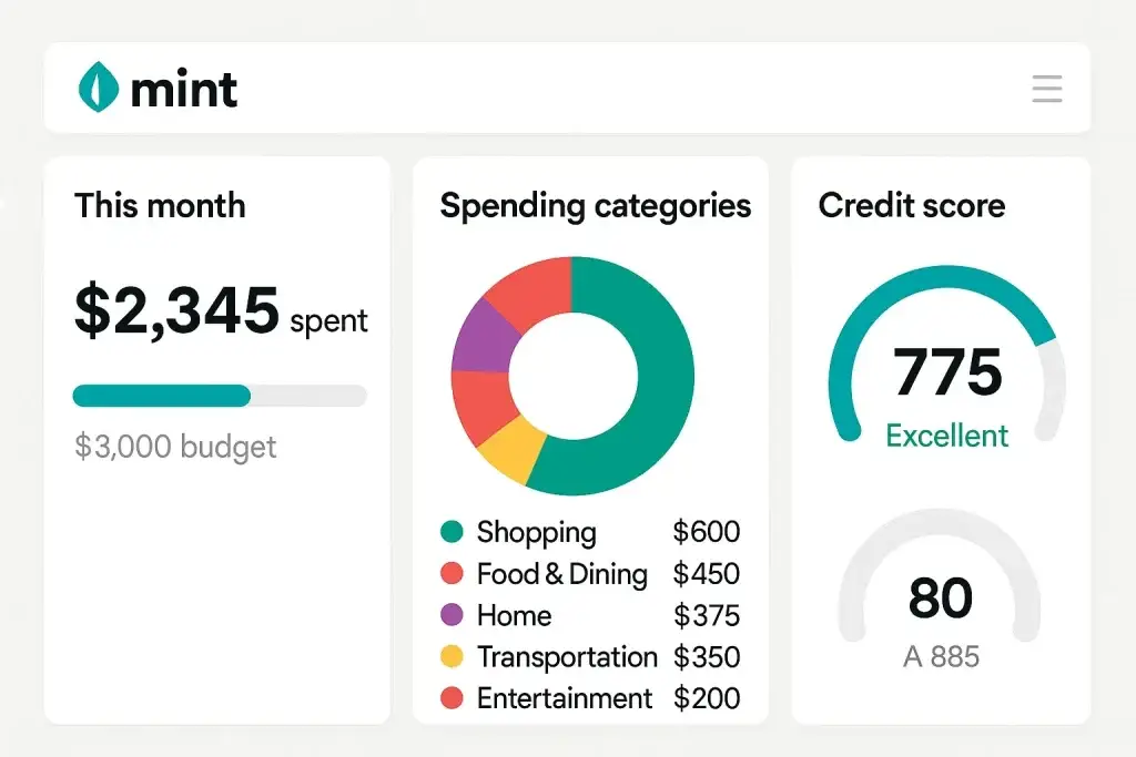 What Is Mint App and How Does It Work? 2 Mint app dashboard showing this monthโs spending of $2,345 out of a $3,000 budget, a donut chart of spending categories including shopping, food and dining, home, transportation, and entertainment, and a credit score display showing 775 rated as excellent.
