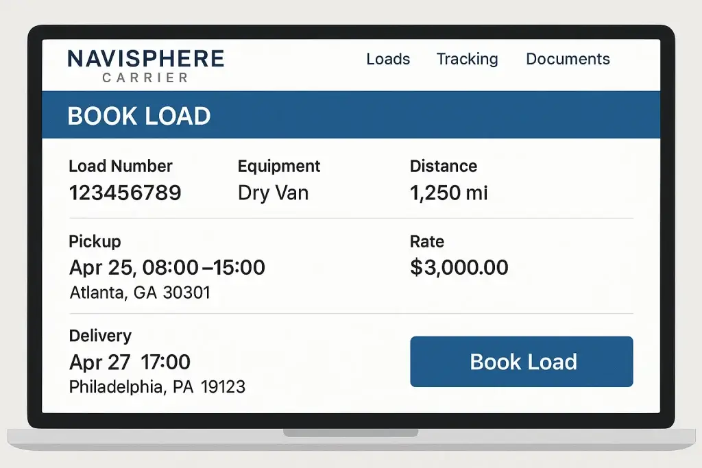 What is Navisphere Carrier & How It Works 1 Navisphere Carrier booking interface showing load details for Load #123456. The screen displays a pickup in Chicago, IL scheduled for Monday, April 25, 2024 from 08:00 to 16:00, and delivery in Atlanta, GA on Wednesday, April 27, 2024 during the same time window.
