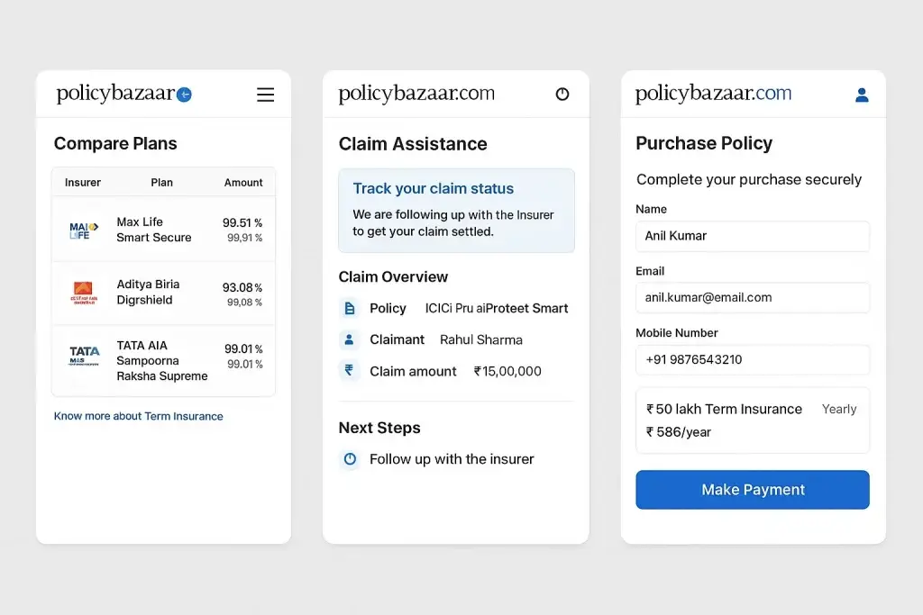 What is Policybazaar and How Does It Work? 2 PolicyBazaar app screens showing three insurance-related workflows: plan comparison with insurer options and percentages, claim assistance with claim status and overview details, and a purchase policy form where the user enters personal information and selects a โน50 lakh term insurance plan before making payment.