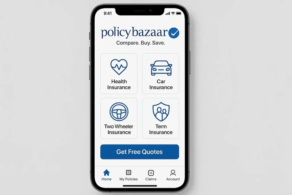 What is Policybazaar and How Does It Work? 1 PolicyBazaar mobile app dashboard displaying quick-access insurance options including Health Insurance, Car Insurance, Two Wheeler Insurance, and Term Insurance, with a โGet Free Quotesโ button and bottom navigation menu for Home, Policies, Claims, and Account.