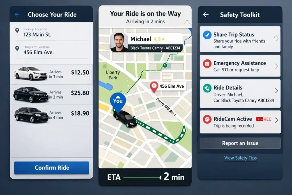 What is DiDi and How Does It Work? 2 Ride-hailing app screens showing car options with prices, live ride tracking on a map, and a safety toolkit with share trip status, emergency assistance, ride details, and RideCam recording