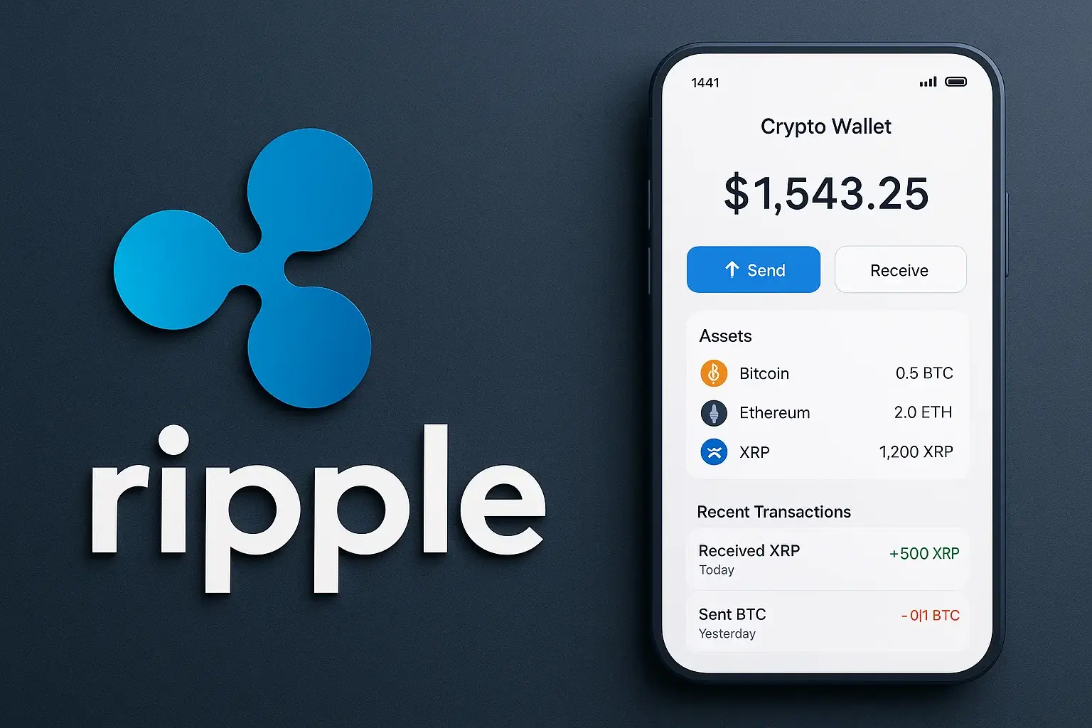 Ripple crypto wallet app interface showing XRP, Bitcoin, Ethereum balances, send and receive options, recent crypto transactions, and digital asset wallet management