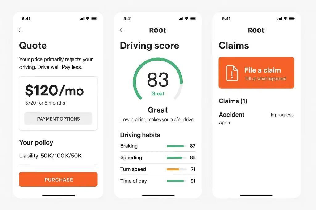 What Is Root Insurance and How Does It Work? 2 Three Root Insurance mobile app screens showing a car insurance quote, a driving score dashboard, and the claims section.The first screen displays a $120/month quote with liability coverage details and a purchase button.The second screen shows a driving score of 83 labeled “Great,” along with detailed driving habit metrics for braking, speeding, turn speed, and time of day.The third screen features a bold orange “File a claim” button and a list of claims, including one in-progress accident report dated April 5.