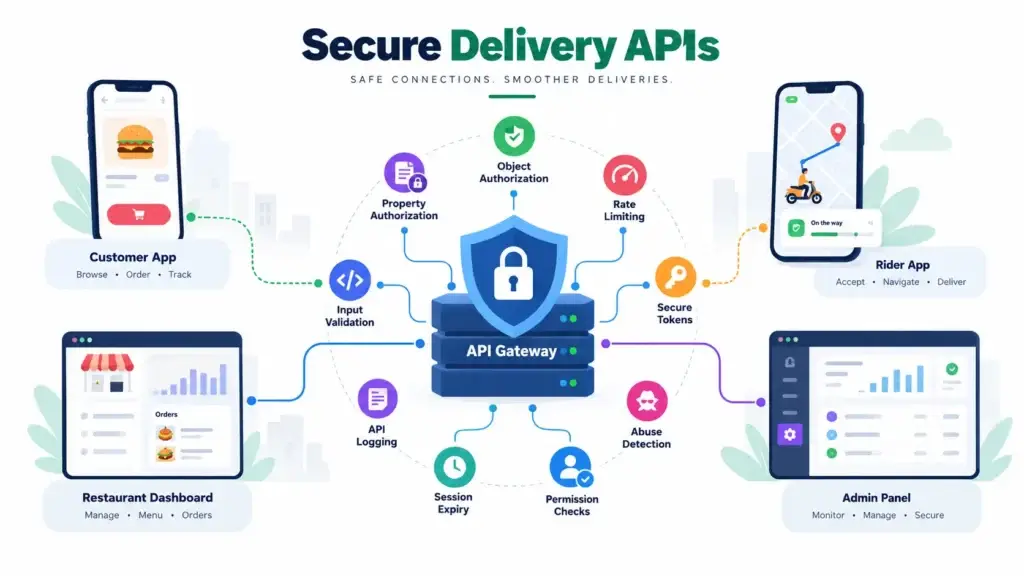 What Security Controls Should a Food Delivery Marketplace Use Across Customers, Restaurants, and Riders? 2 Secure food delivery APIs with authorization, rate limiting, input validation, secure tokens, API logging, and abuse detection