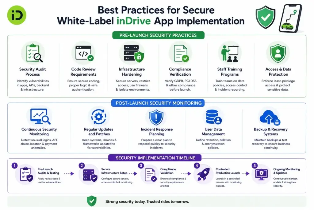 White-Label inDrive App Security: Risks, Standards & Best Practices 2026 2 Secure white-label inDrive app implementation process covering security audits, compliance verification, monitoring, updates, and data protection