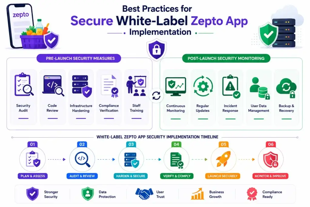 How Safe is a White-Label Zepto App? Security Guide 2026 2 Secure white-label Zepto app implementation process with security audits, compliance checks, monitoring, updates, and data protection measures