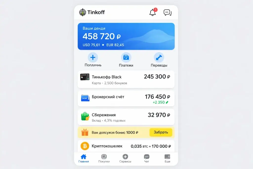 What Is Tinkoff and How Does It Work? 1 Tinkoff mobile banking app dashboard showing total balance in rubles with linked accounts including debit card, brokerage account, savings, crypto wallet, bonus rewards, and quick actions for payments and transfers, representing a full-stack digital banking and fintech ecosystem.