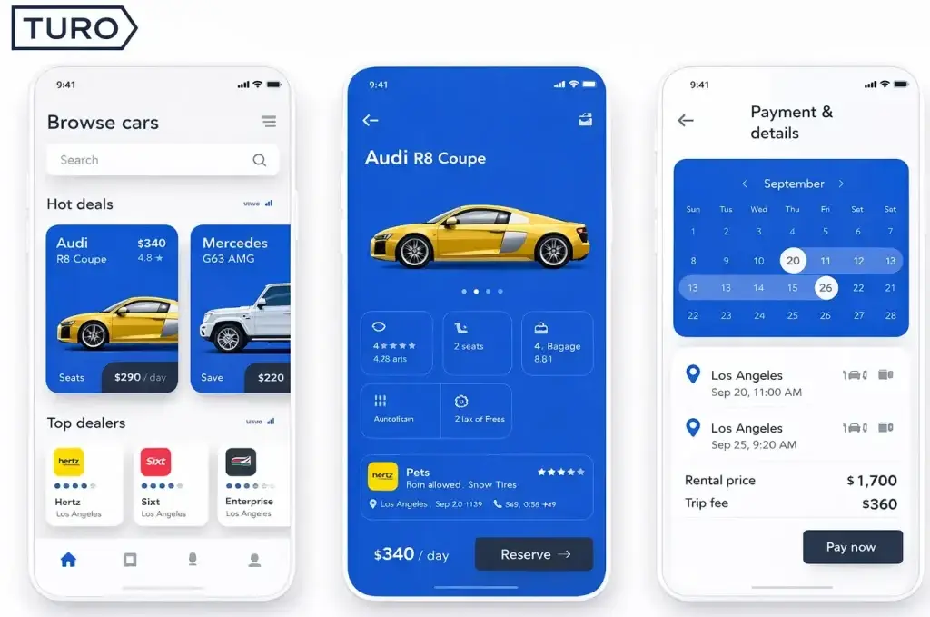 How Safe Is a White-Label Turo App? Security Guide 2026 1 Turo app interface showing car browsing, vehicle details, and secure payment flow in a white-label car sharing app