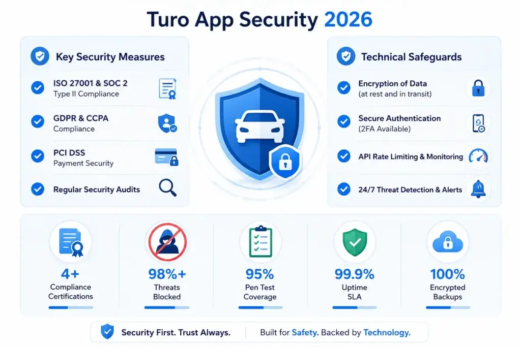 How Safe Is a White-Label Turo App? Security Guide 2026 2 Turo app security 2026 visual showing car rental platform protection, compliance measures, encryption, secure authentication, API monitoring, threat detection, audits, and encrypted backups.