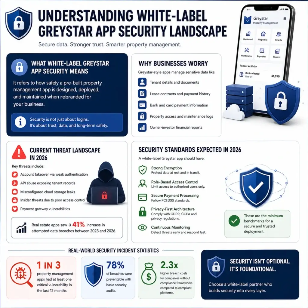 Is a White-Label Greystar App Secure in 2026? Complete Safety Guide 1 White-label Greystar app security infographic covering sensitive property data, cyber threats, encryption, access control, secure payments, privacy, and monitoring.