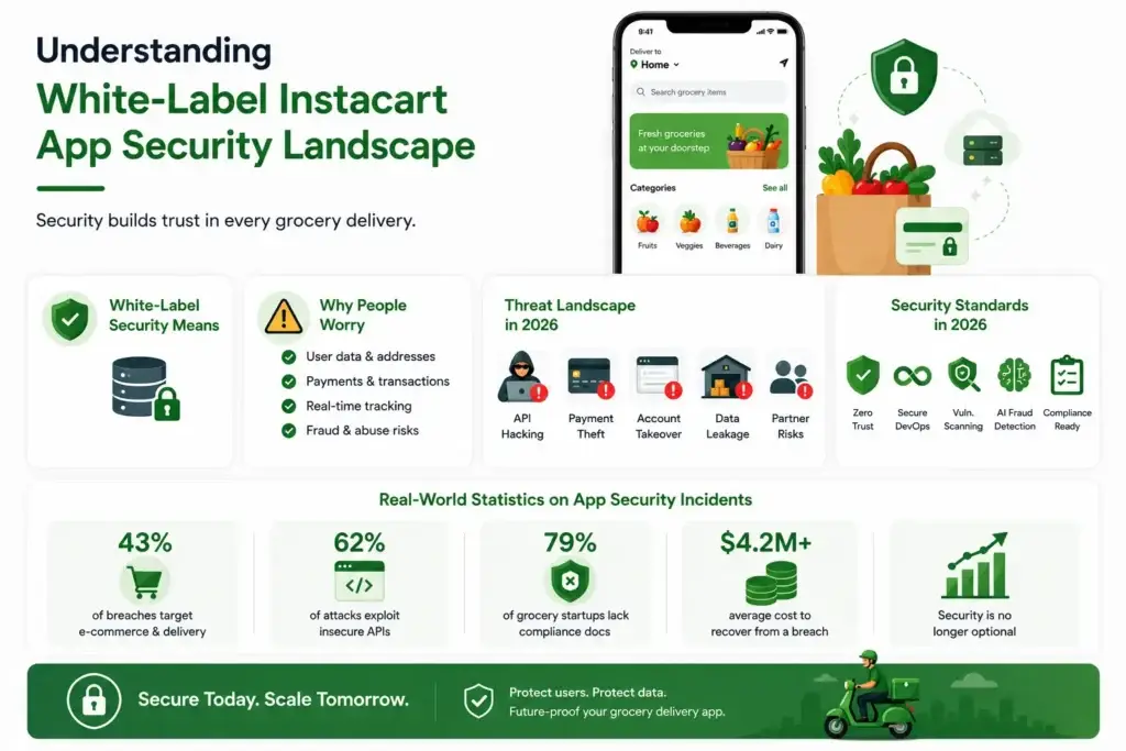 White-Label Instacart App Security: What Founders Must Know in 2026 1 White-label Instacart app security infographic showing grocery delivery app protection, user data and address safety, payment security, real-time tracking risks, API hacking, account takeover, fraud detection, compliance readiness, and secure grocery delivery standards for 2026.