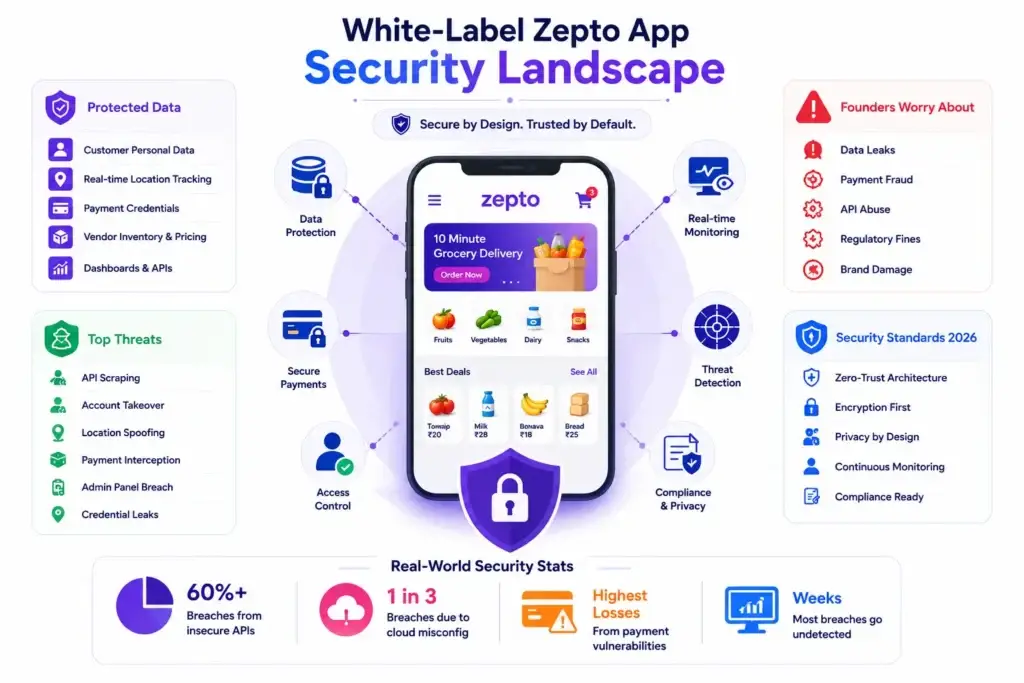 How Safe is a White-Label Zepto App? Security Guide 2026 1 White-label Zepto app security landscape showing data protection, secure payments, threat detection, compliance, and privacy controls