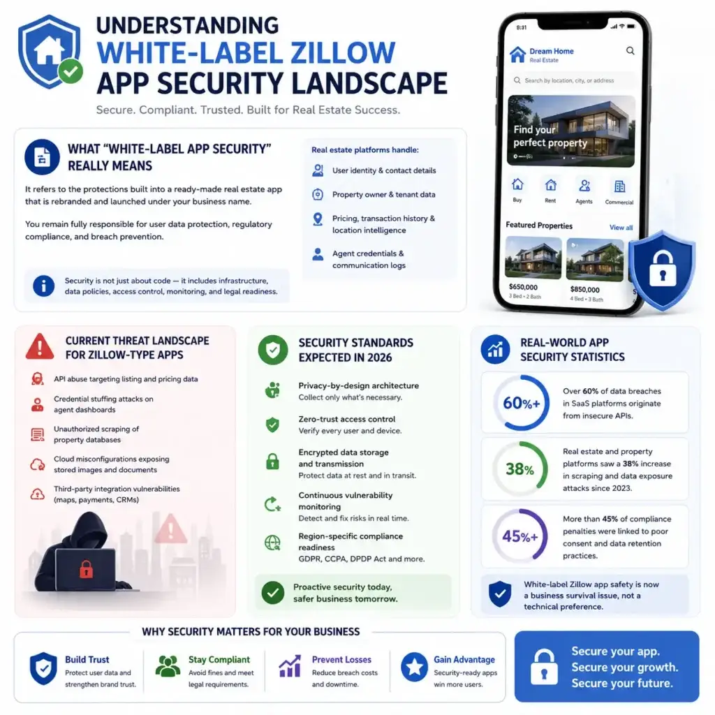 Is a White-Label Zillow App Safe to Launch in 2026? 1 White-label Zillow app security infographic covering real estate data protection, API threats, unauthorized scraping, encrypted storage, access control, compliance, and monitoring.