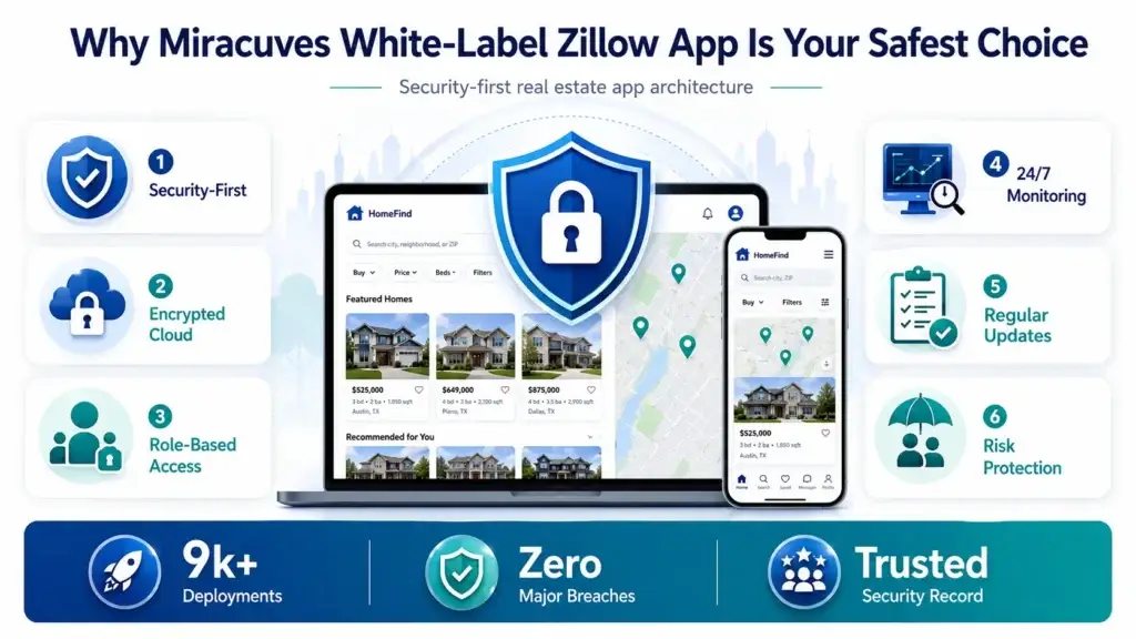 Is a White-Label Zillow App Safe to Launch in 2026? 2 White-label Zillow app security visual showing real estate app architecture, encrypted cloud, role-based access, 24/7 monitoring, regular updates, risk protection, and secure property listing platform.