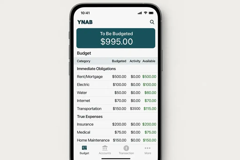 What Is YNAB App and How Does It Work? 1 YNAB mobile budgeting app showing a zero-based budget screen with $995 to be budgeted, listing categories such as rent or mortgage, electric, water, internet, transportation, insurance, medical, and home maintenance with budgeted, activity, and available balances highlighted in green.