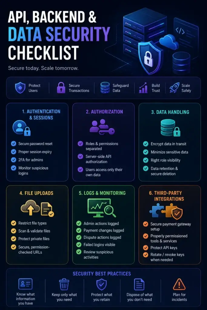 How Safe is a White-Label Freelancer App? Security Guide 2026 1 Cybersecurity infographic showing API, backend, and data security checklist for modern web and mobile applications with authentication, authorization, data handling, monitoring, and secure integrations.