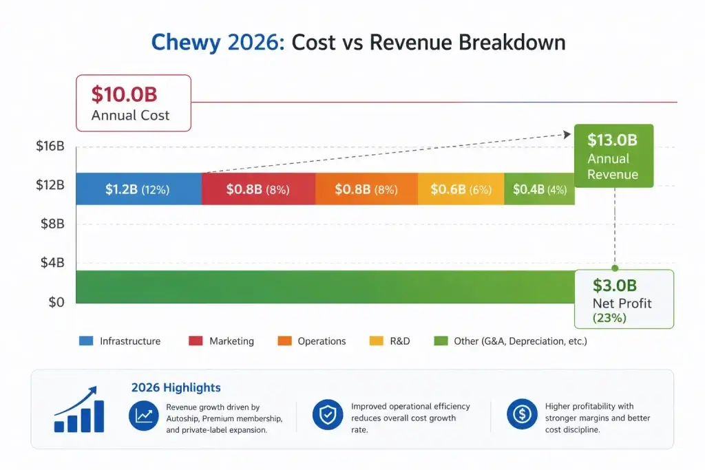 Chewy Revenue Model: How Chewy Makes Money in 2026 1 Chewy 2026 cost vs revenue breakdown chart showing annual revenue, operational costs, infrastructure spending, marketing, R&D, and net profit growth.