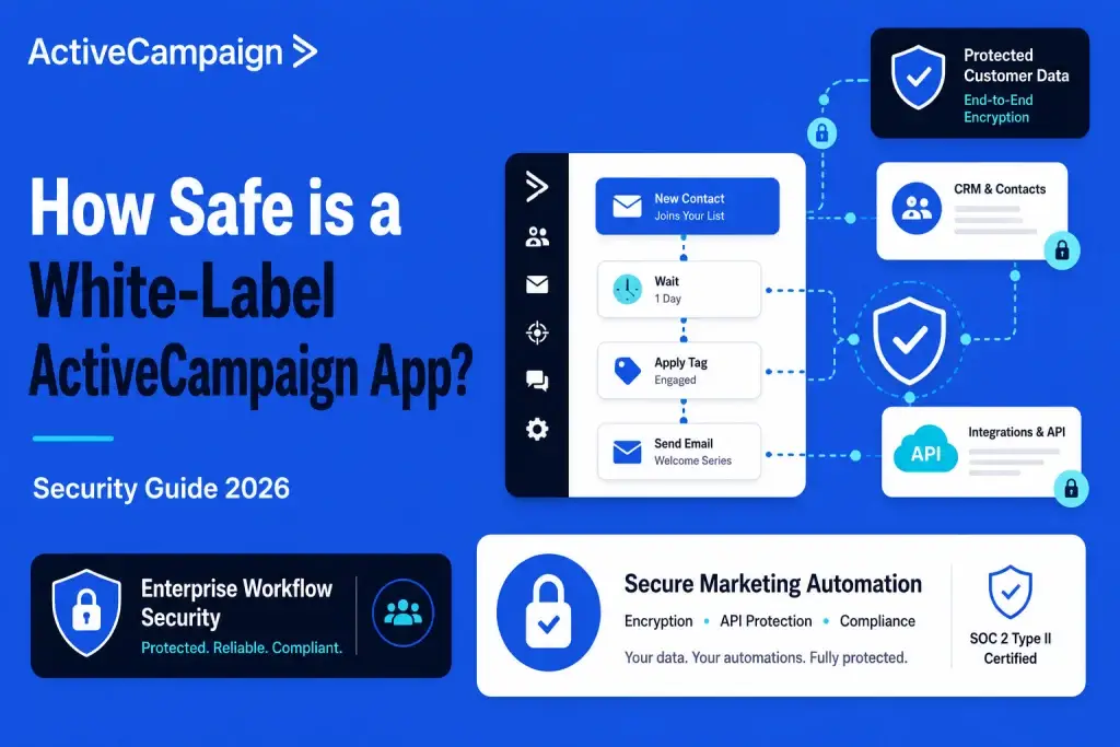 White-label ActiveCampaign app security illustration showing secure marketing automation, CRM protection, API security, and encrypted customer data workflows