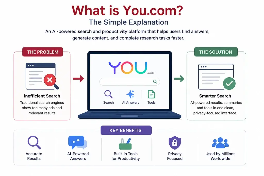 What Is You.com and How Does It Work? 1 You.com infographic explaining AI-powered search, productivity tools, smart answers, privacy-focused browsing, and key platform benefits