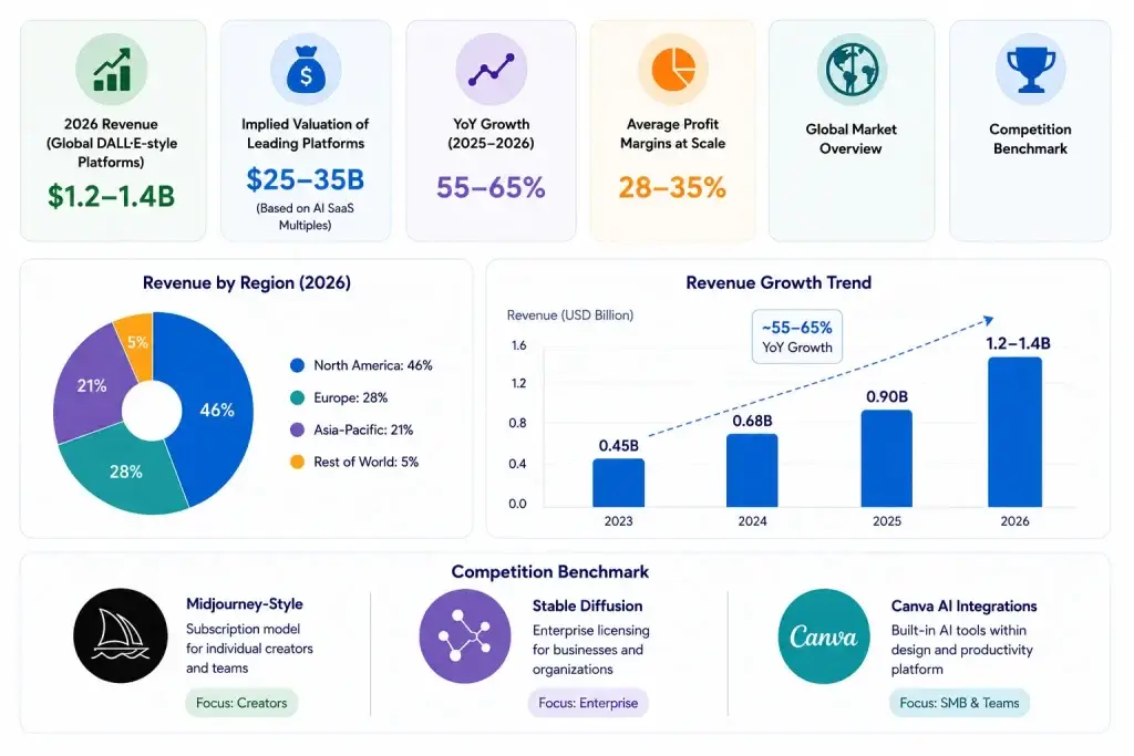 DALLยทE Clone Revenue Model: How a DALLยทE-Like Platform Makes Money in 2026 1 Infographic showing DALLยทE-style AI platform revenue growth, regional market share, valuation benchmarks, and competition analysis