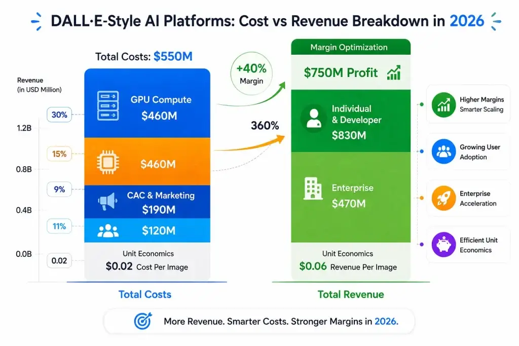 DALLยทE Clone Revenue Model: How a DALLยทE-Like Platform Makes Money in 2026 2 Infographic comparing DALLยทE-style AI platform costs, revenue streams, GPU compute expenses, enterprise revenue, and profit margins in 2026
