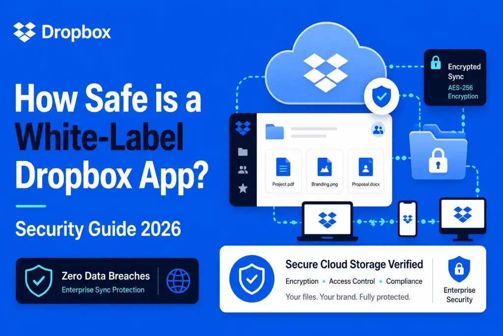 White-label Dropbox app security illustration showing encrypted cloud storage, secure file syncing, access control, and enterprise data protection