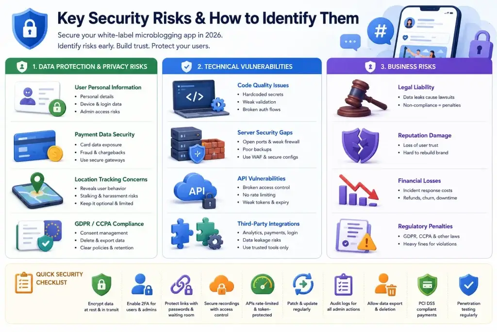 How Safe is a White-Label Microblogging App? Security Guide 2026 2 Microblogging app security risks infographic covering data privacy, API vulnerabilities, GDPR compliance, financial losses, and cybersecurity best practices