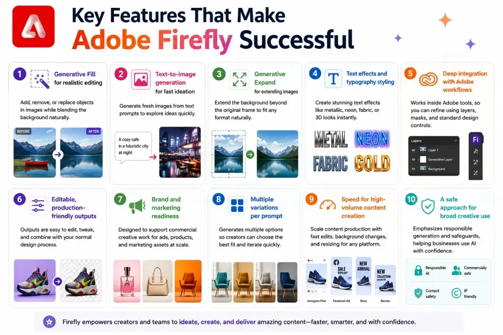 What Is Adobe Firefly and How Does It Work? 1 Adobe Firefly features infographic showing generative fill, text-to-image AI, typography effects, and creative workflow tools