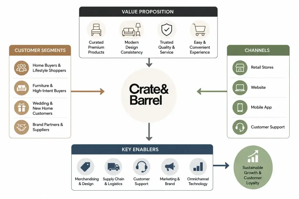 Business Model of Crate & Barrel: Complete Strategy Breakdown 2026 1 Crate & Barrel business model canvas infographic showing customer segments, value proposition, omnichannel retail channels, key enablers, and customer loyalty strategy
