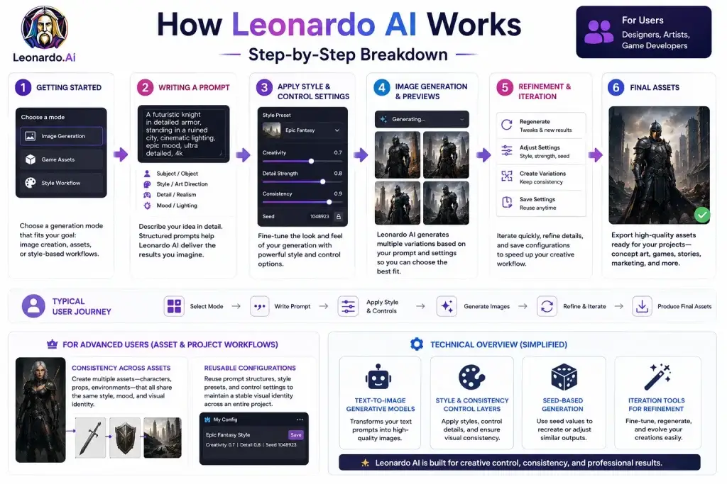 What Is Leonardo AI and How Does It Work? 1 Leonardo AI workflow infographic showing prompt writing, style controls, image generation, refinement tools, and AI asset creation process