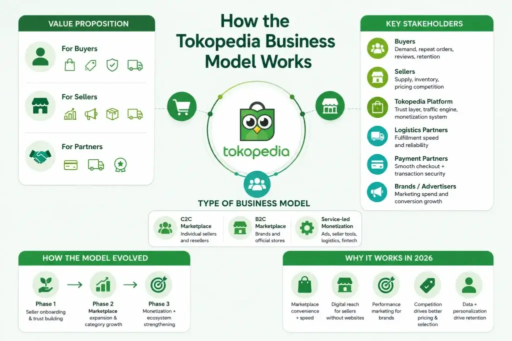 Business Model of Tokopedia : Complete Strategy Breakdown 2026 1 Tokopedia business model workflow infographic showing marketplace ecosystem, stakeholders, value proposition, and ecommerce monetization structure