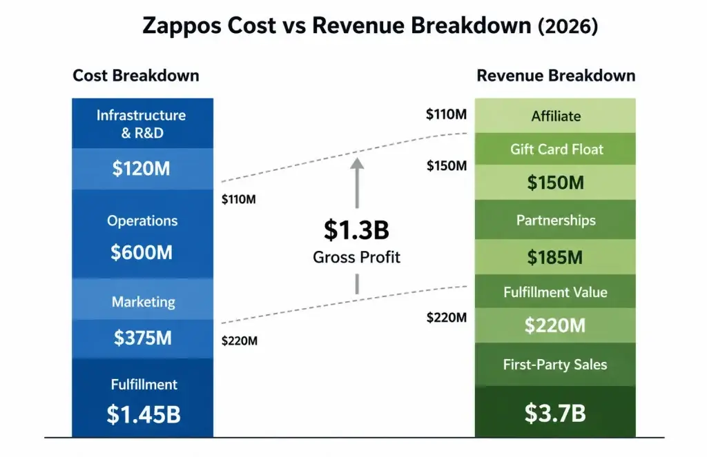 Zappos Revenue Model: How Zappos Makes Money in 2026 2 Zappos cost vs revenue breakdown chart showing fulfillment costs, marketing expenses, operations, partnerships, and ecommerce revenue streams