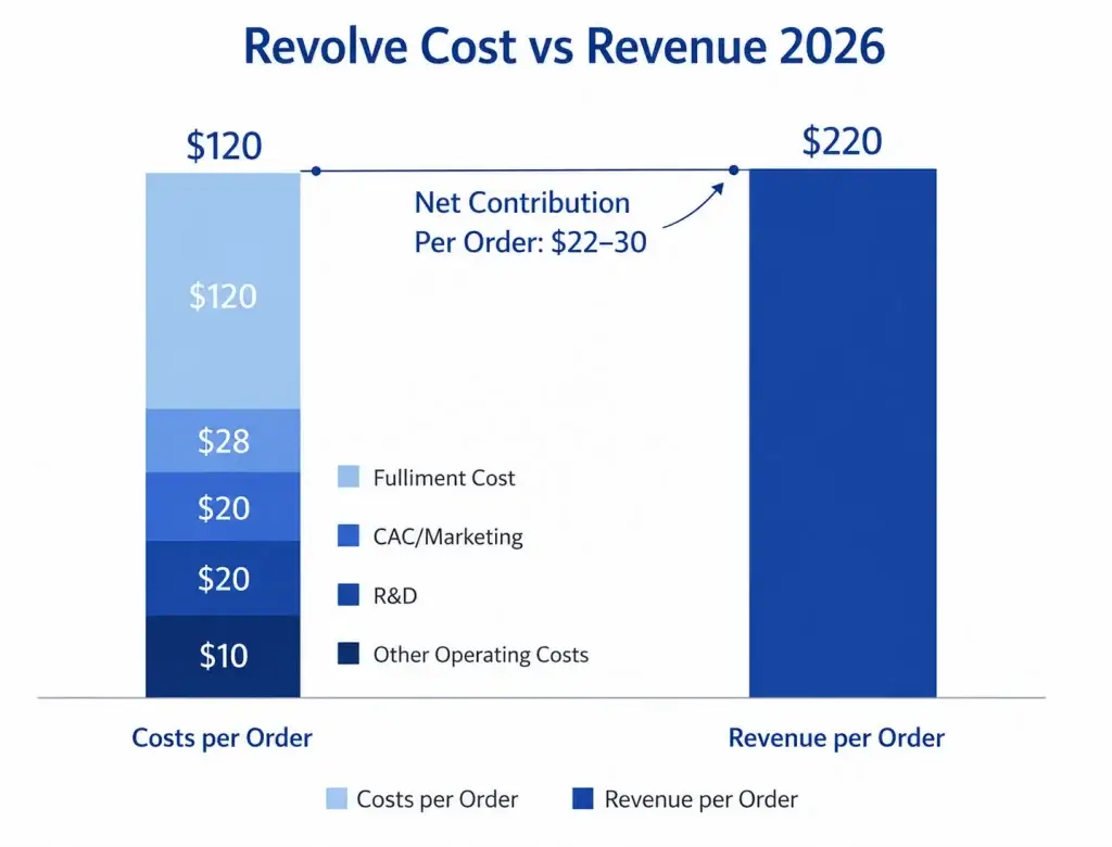 Revolve Clone Revenue Model: How Revolve Makes Money in 2026 2 Revolve cost vs revenue comparison chart showing fulfillment, marketing, R&D costs, and revenue per order in 2026