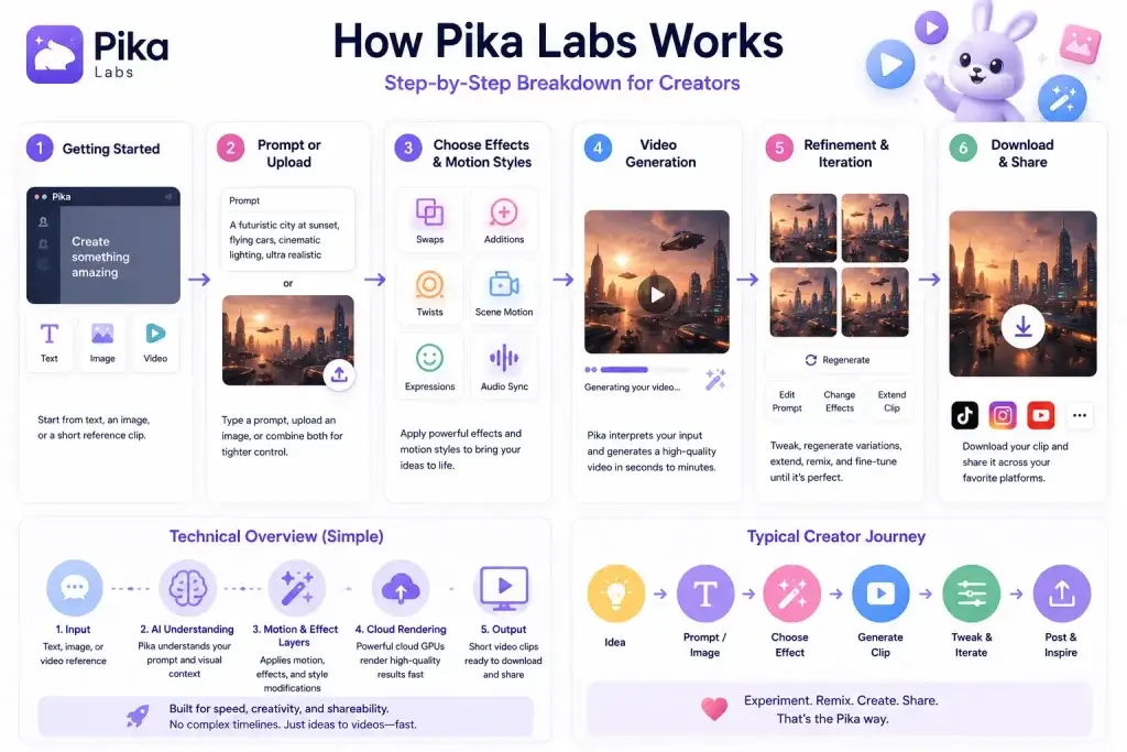 What Is Pika Labs and How Does It Work? 1 Pika Labs workflow infographic showing AI video generation process from prompt input to video creation, editing, and sharing