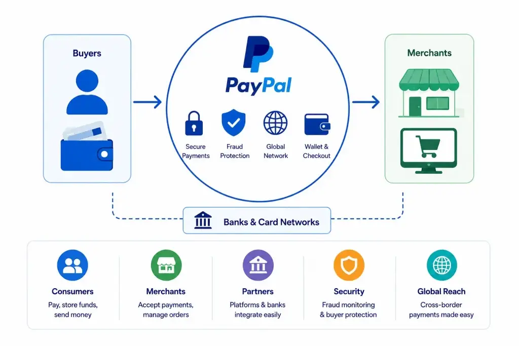 Business Model of PayPal: Complete Strategy Breakdown 2026 1 Diagram explaining how PayPal connects buyers, merchants, banks, and global payment networks through secure digital payments