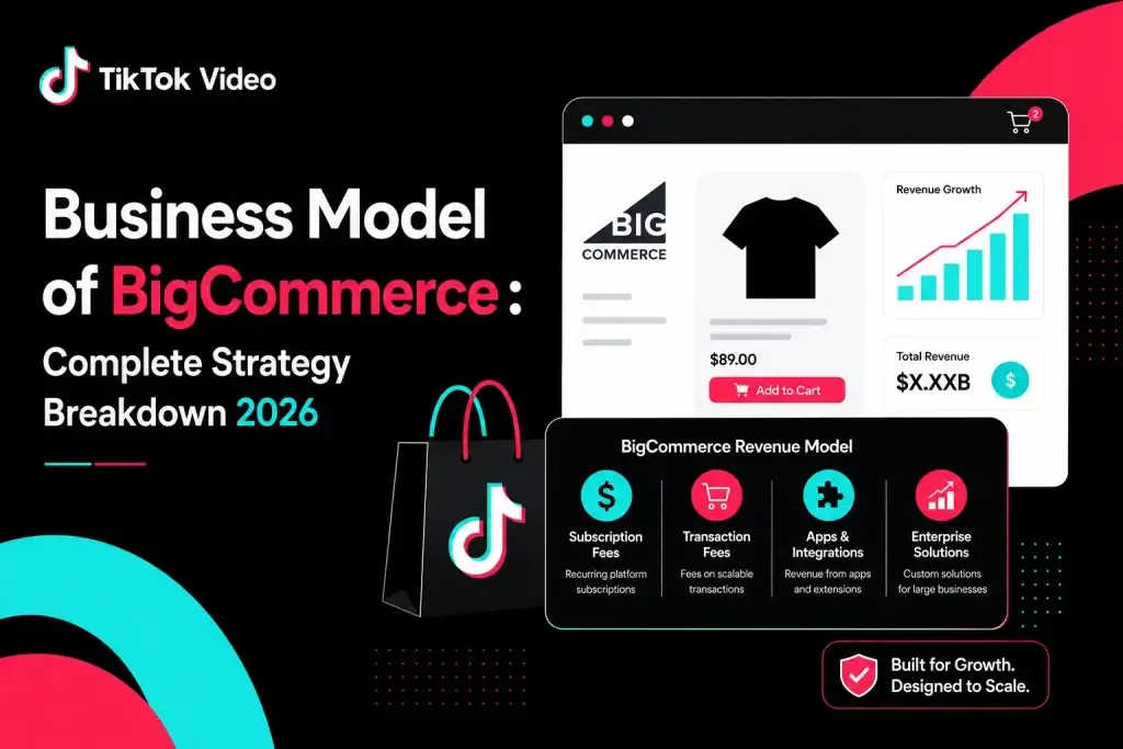 BigCommerce business model infographic with subscription fees, transaction revenue, enterprise solutions, and eCommerce growth strategy