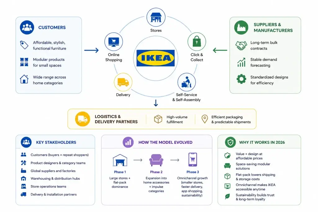 Business Model of IKEA: Strategy & Revenue Breakdown 2026 1 Infographic showing IKEA business model with customers, suppliers, logistics partners, stores, delivery, and omnichannel retail strategy