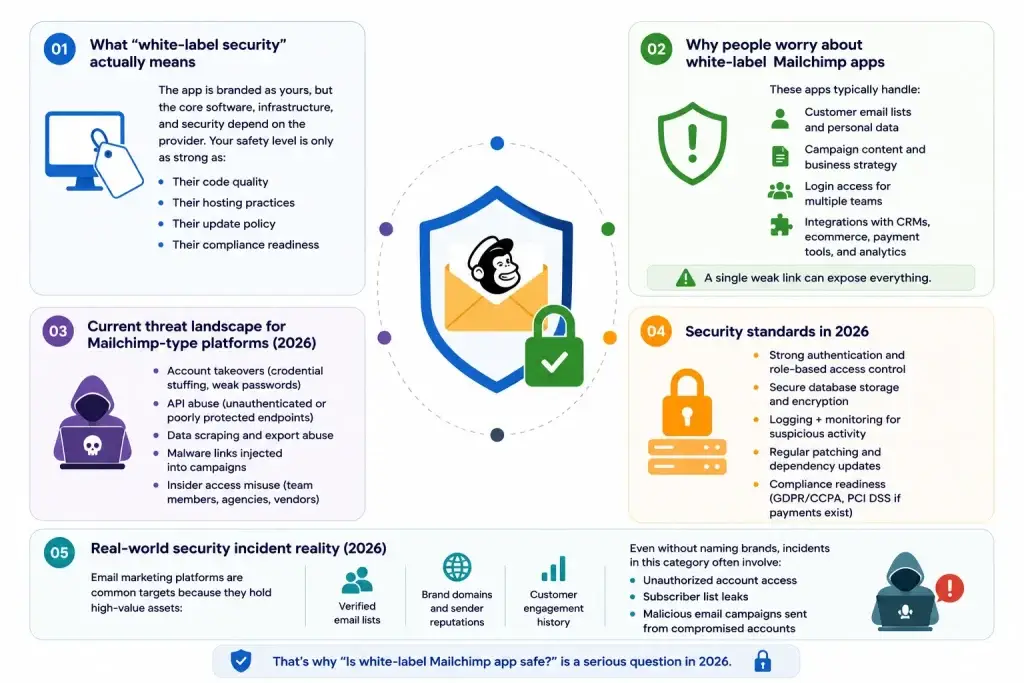 How Safe is a White-Label Mailchimp App? Security Guide 2026 1 Infographic explaining white-label Mailchimp app security risks, compliance standards, cyber threats, and protection strategies in 2026
