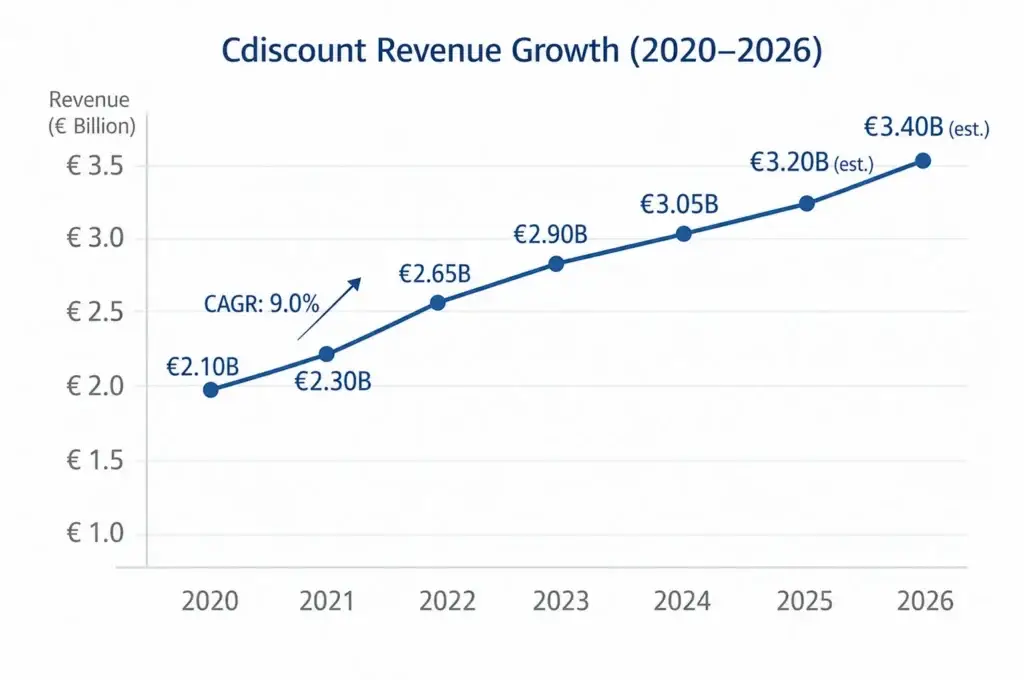 Cdiscount Revenue Model: How Cdiscount Makes Money in 2026 1 Line chart showing Cdiscount revenue growth from 2020 to 2026 with revenue values in euros, estimated 2025 and 2026 growth, and a 9 percent CAGR indicator.