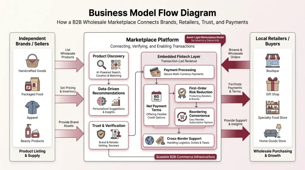 Business Model of Faire : Complete Strategy Breakdown 2026 1 Business model flow diagram showing how a B2B wholesale marketplace connects independent brands, sellers, local retailers, buyers, product discovery, recommendations, trust verification, payments, net terms, and cross-border support.