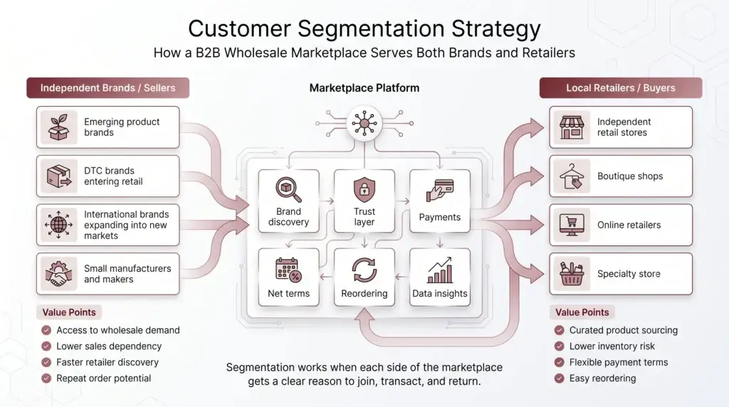 Business Model of Faire : Complete Strategy Breakdown 2026 2 Infographic showing customer segmentation strategy for a B2B wholesale marketplace connecting independent brands, sellers, local retailers, buyers, brand discovery, trust layer, payments, net terms, reordering, and data insights.