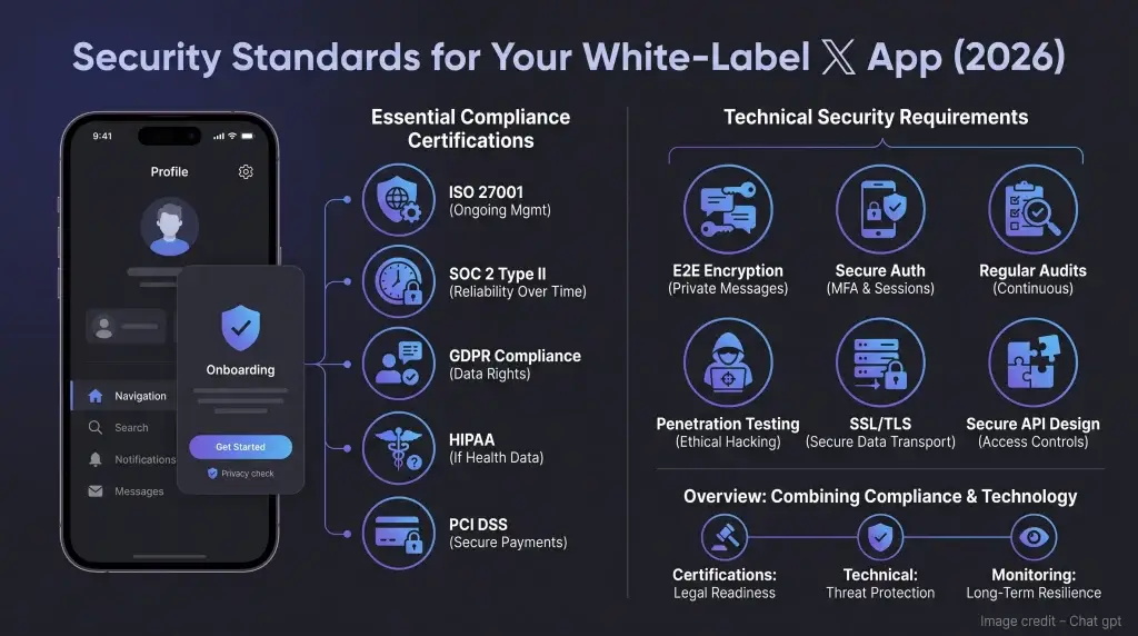 How Safe Is a White-Label X App? Security Guide 2026 2 White-label X app security standards infographic showing GDPR compliance, ISO 27001 certification, encryption, secure authentication, API protection, and cybersecurity requirements