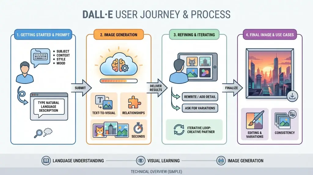 What Is DALLยทE and How Does It Work? 1 DALLยทE AI image generation workflow infographic showing prompt creation, image generation, refinement, and final output process