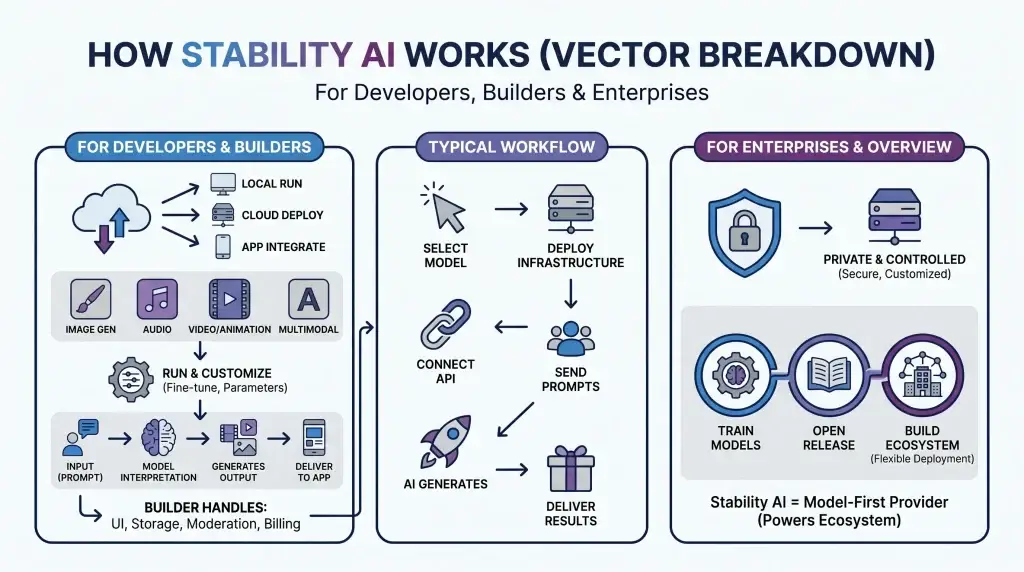 What Is Stability AI and How Does It Work? 1 Stability AI workflow infographic showing AI model deployment, API integration, prompt processing, and enterprise AI infrastructure