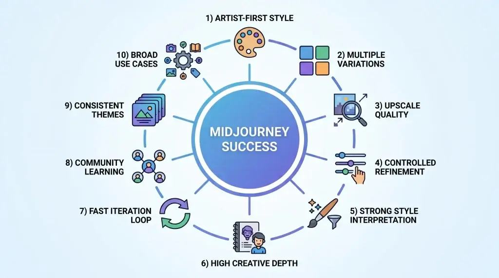 What Is Midjourney and How Does It Work? 1 Midjourney success framework infographic showing AI art generation workflow, style interpretation, image upscaling, variations, and creative iteration