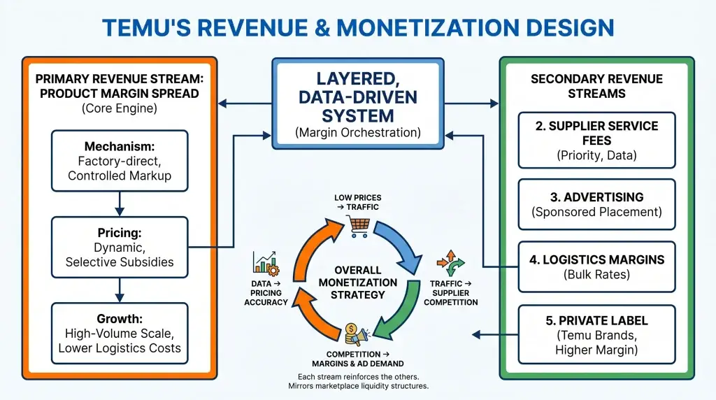 Business Model of Temu : Complete Strategy Breakdown 2026 1 Temu monetization strategy infographic showing product margin spreads, supplier service fees, advertising revenue, logistics margins, and private label ecommerce growth