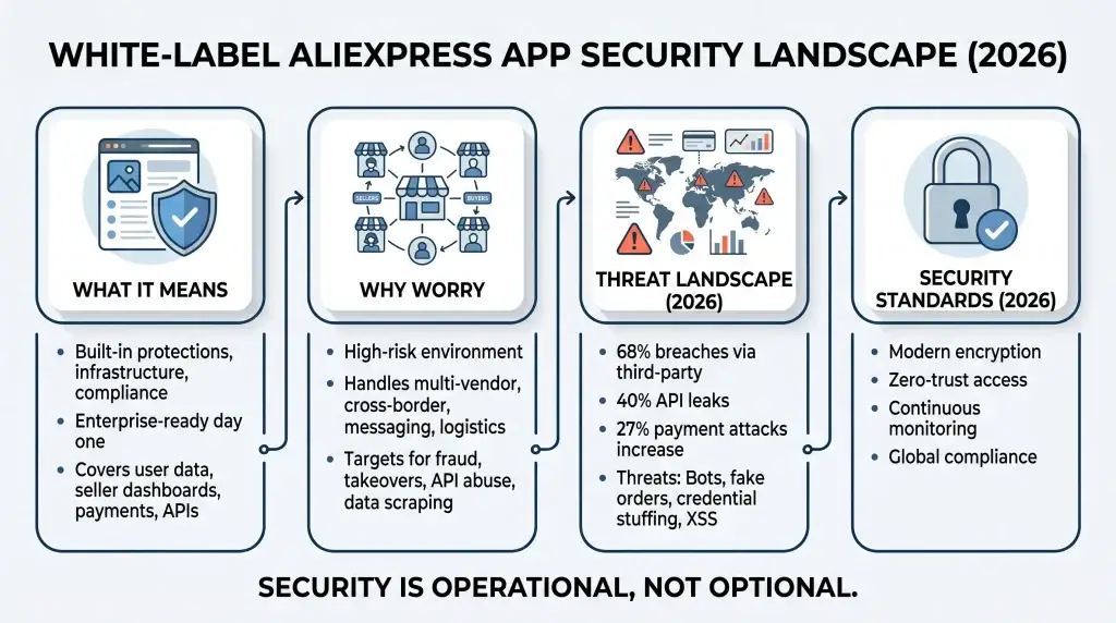 White-Label AliExpress App Security: Risks, Compliance & Safety in 2026 1 White-label ecommerce app security infographic showing API protection, payment security, fraud prevention, encryption standards, and marketplace threat landscape in 2026