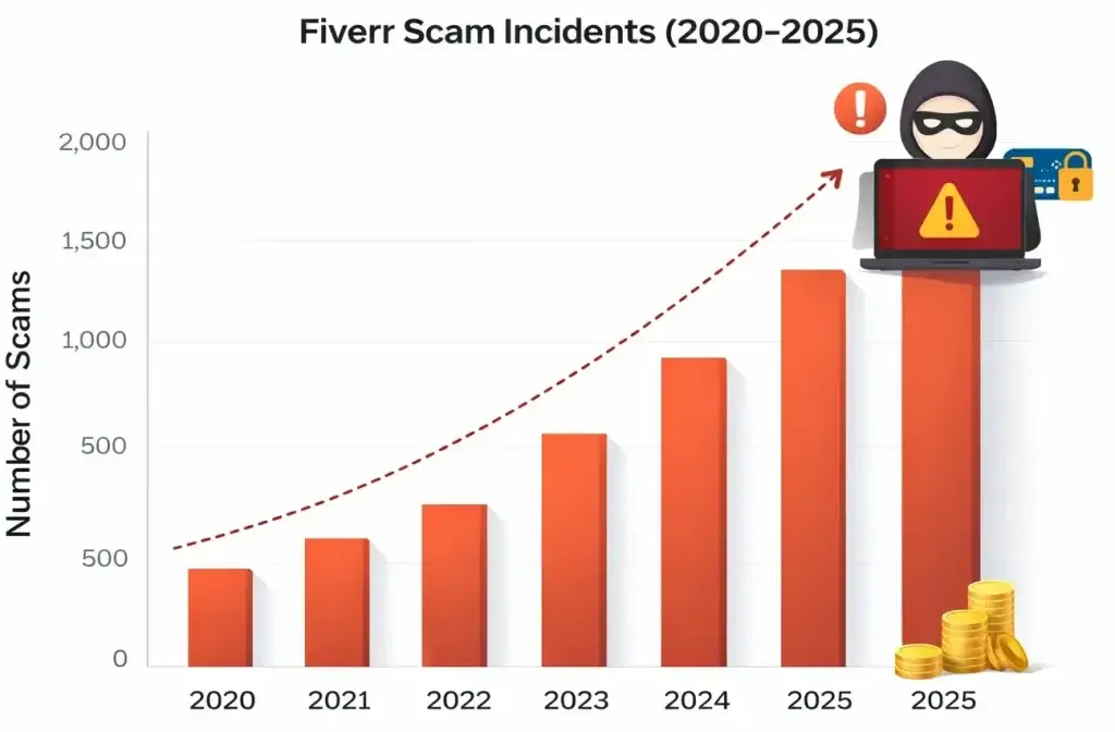 White-Label Fiverr App Security: Risks, Compliance & Safety Explained 2 Bar graph showing increase in Fiverr scam incidents from 2020 to 2025 on a white background