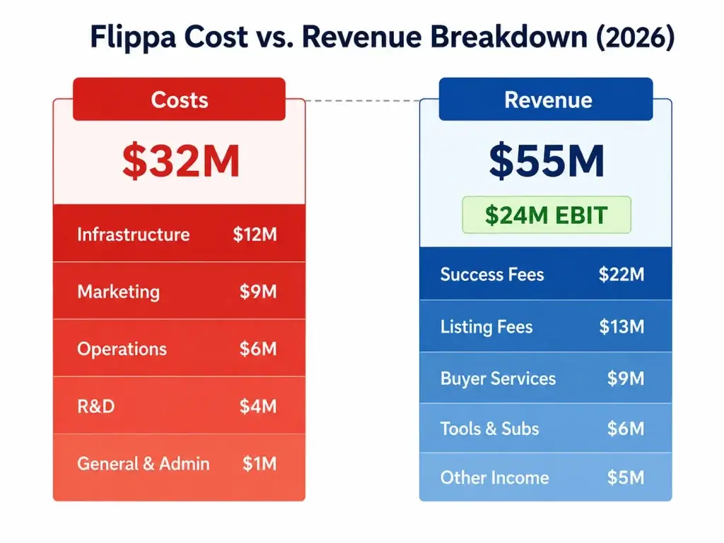 Flippa Revenue Model: How Flippa Makes Money in 2026 2 Flippa cost vs revenue breakdown chart for 2026 showing marketplace operating costs, revenue streams, and EBIT profitability