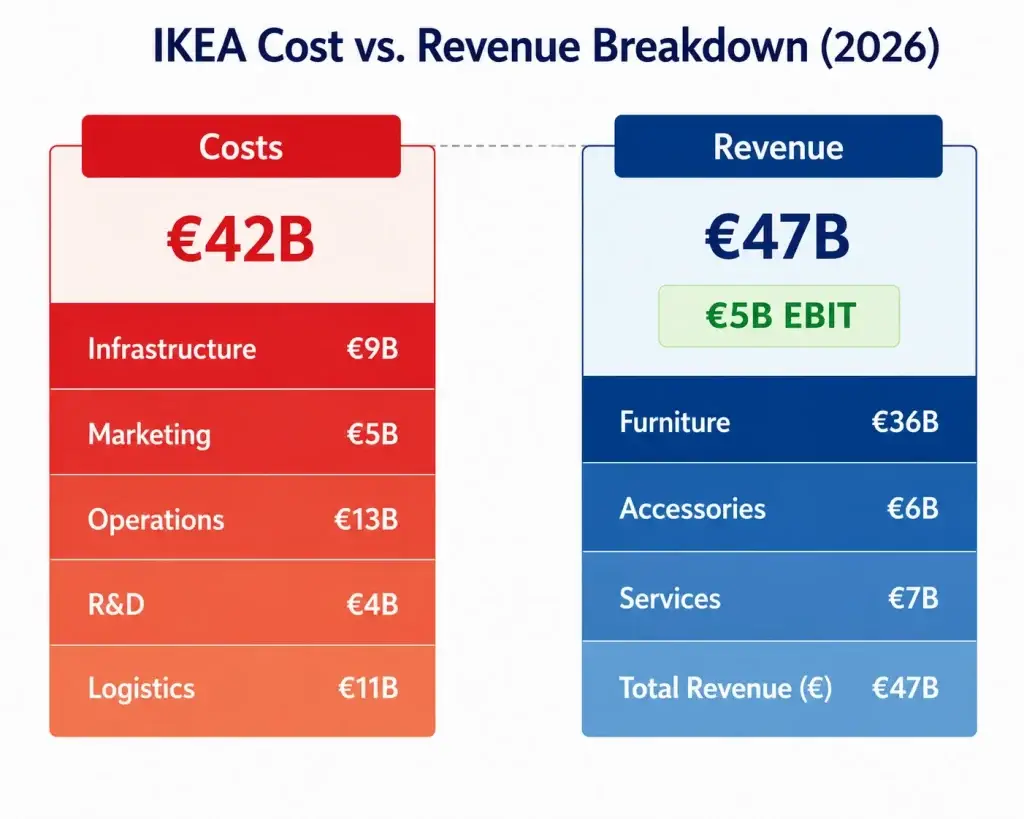IKEA Revenue Model: How IKEA Makes Money in 2026 1 IKEA cost vs revenue breakdown chart for 2026 showing operational costs, logistics expenses, furniture revenue, and total EBIT performance